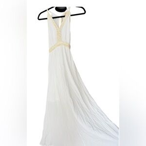 Nekane/NKN Baku White Backless Midi Dress with cream roped trim/gold thread M